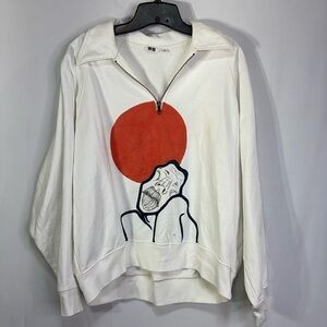 🧮 uniqlo white quarter zip polo collar sweatshirt with original artwork